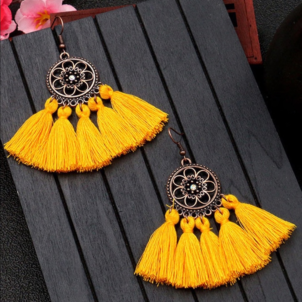 Flower Yellow Tassel Dangle Earrings